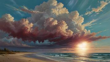 A serene beach scene at sunset with dramatic, towering clouds reflecting on the wet sand. The sky transitions from blue to pink, and gentle waves roll onto the shore video