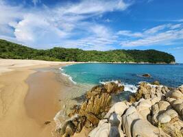 A sandy beach with rocks and water in front of a forest photo