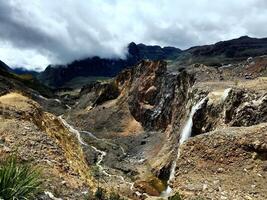 A waterfall in the middle of a mountain range photo