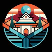 A colorful illustration of a temple and mountains vector