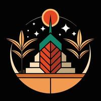 A logo for a restaurant with a roof and palm trees vector