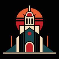 A church with a red and orange sun in the background vector