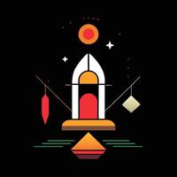 A colorful illustration of a temple with a sun and moon vector