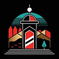 A logo for a barber shop with a clock and a mountain vector