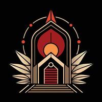 The logo for a temple with a sun and palm leaves vector