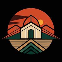 A logo for a building with a sunset in the background vector