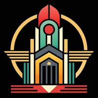 Art deco style building with red and yellow colors vector
