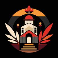 A church with a red roof and leaves on it vector