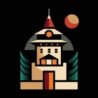 A building with a clock on top and a moon in the background vector