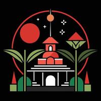 A red and green building with palm trees and a red moon vector