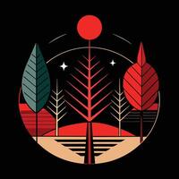 A red and black logo with trees and a sun vector
