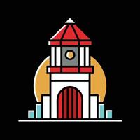 A red and white tower with a clock on it vector