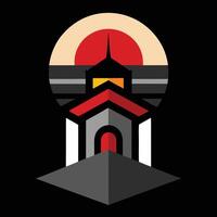A red and black lighthouse with a sun in the background vector