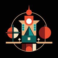 A flat design of a building with a clock on it vector