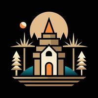 A church with a tower and trees in the background vector