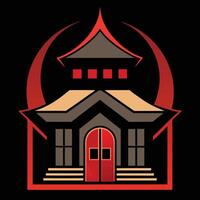 A red and black logo with a building vector