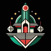 A logo for a building with a rocket on top vector