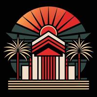 A logo for a building with palm trees and a sun vector