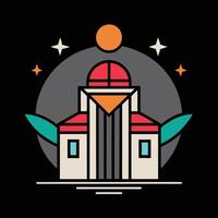 A building with a red roof and a sun in the background vector