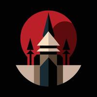 A red and black logo with a castle in the background vector