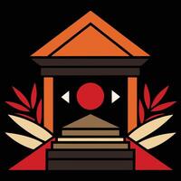 A building with a red and orange roof and a red eye vector