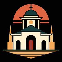 An illustration of a church with a sun in the background vector