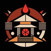 A red and orange logo with a temple in the center vector