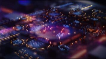 Dynamic infographics set against a processor background video