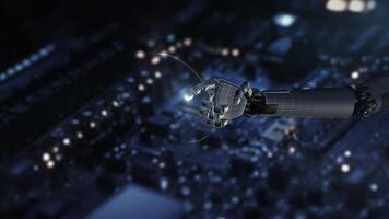 Close-up of a robot hand interacting with a virtual panel in a digital space video