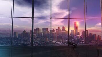 Computer-themed data protection visuals against a backdrop of urban skyscrapers video