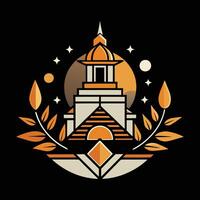 A logo for a temple with a clock on it vector