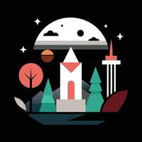 A flat design with a castle, trees and a moon vector
