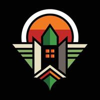 A logo for a building with a sun in the background vector