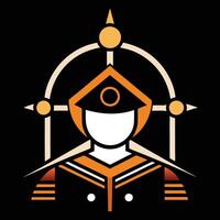 A black and orange logo with a man in a uniform vector