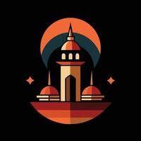 A mosque with a tower and a sun in the background vector