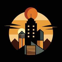 A city skyline with buildings and a sun in the background vector