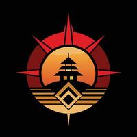 The logo for the game is a golden sun with a tower in the background vector