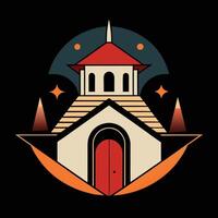 A church with a red door and a star in the sky vector