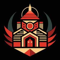 A red and orange building with wings vector