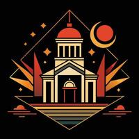 A church with a tower and a moon in the background vector