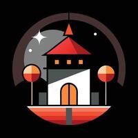 A flat design of a castle with a moon and stars vector