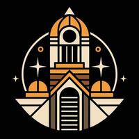 The logo for a building with a clock on it vector