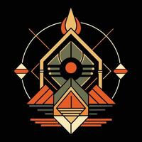 A geometric design with a sun and a mountain vector