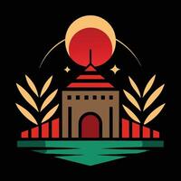 A red and orange building with a sun in the background vector