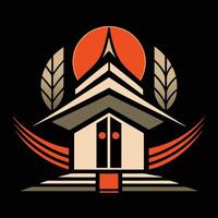 A logo for a temple with a sun in the background vector