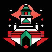 A red and green building with a clock on top vector