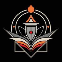 A logo for a book with a flame on it vector