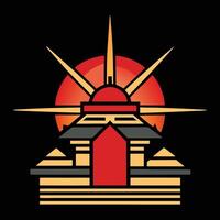 A red and yellow building with a sun in the background vector