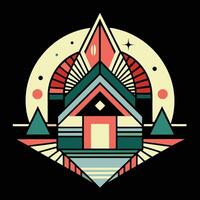 A colorful geometric design with a house in the center vector