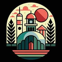 A colorful illustration of a building with trees and a clock vector